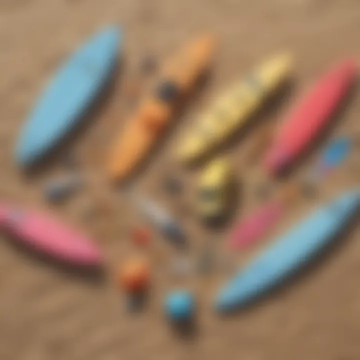 Colorful assortment of surfing beach toys on the sand