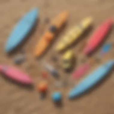 Diverse Collection of Surfing Beach Toys Colorful assortment of surfing beach toys on the sand