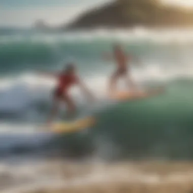 Children playing with surfboards and inflatable toys in the ocean