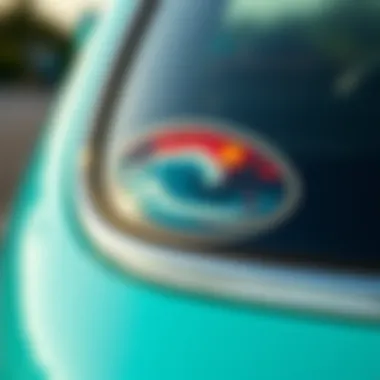 Close-up of a well-maintained surfing sticker on a car