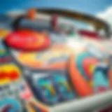 Colorful surfing car stickers on a vibrant background