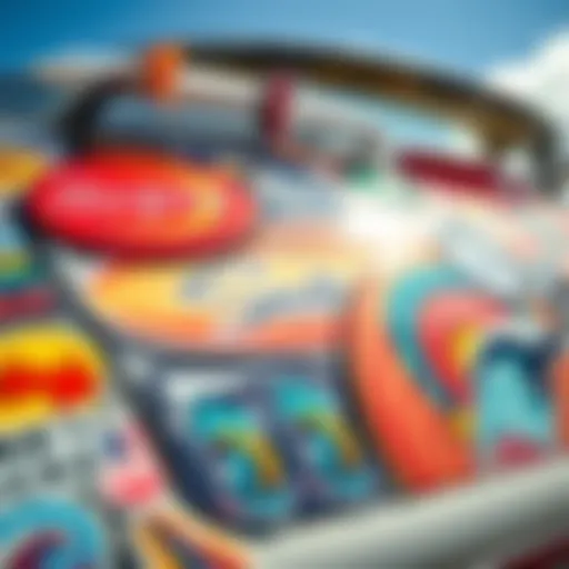 Colorful surfing car stickers on a vibrant background