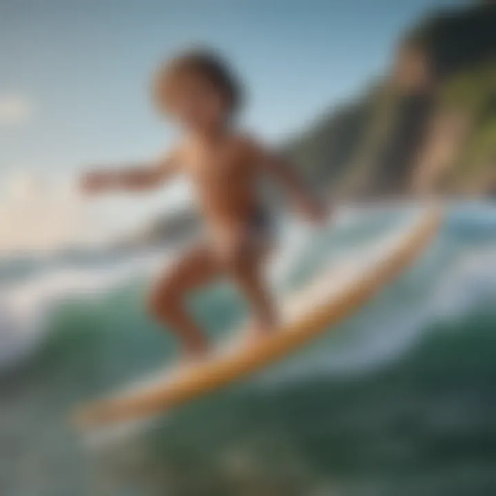 Child joyfully playing with a surfboard toy in the ocean