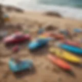 Colorful array of surfing toys displayed on a sandy beach