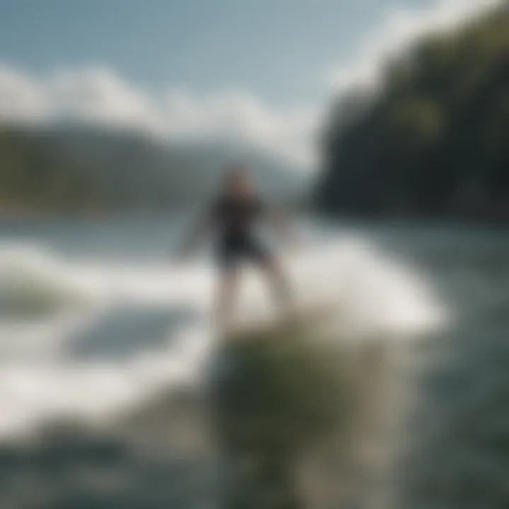 Wakesurf board being used on a lake with a rider enjoying the sport.