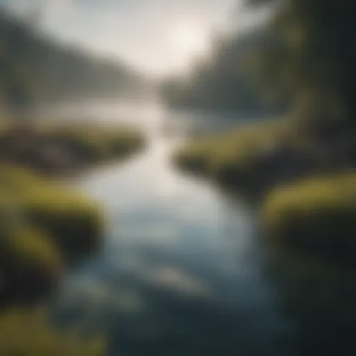 A serene lake tainted with pollutants