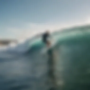 A surfer riding a wave with Windfinder.com interface in the background