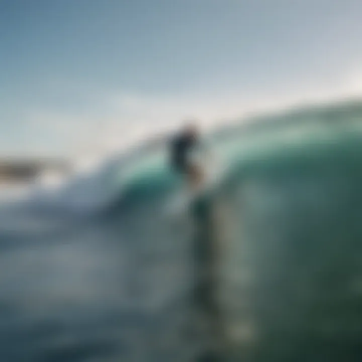 A surfer riding a wave with Windfinder.com interface in the background