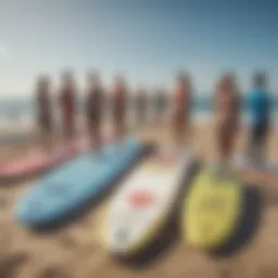 A variety of big sport paddle boards displayed on a beach