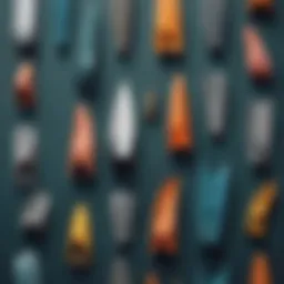 Different types of swimming fins laid out for comparison