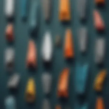 Different types of swimming fins laid out for comparison