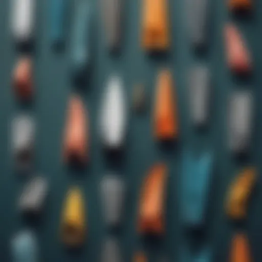 Different types of swimming fins laid out for comparison