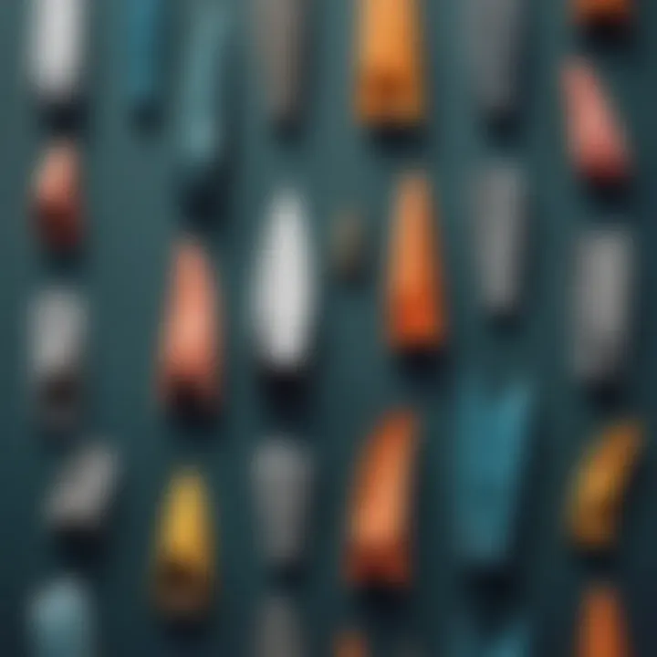 Different types of swimming fins laid out for comparison