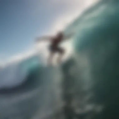 Surfer riding a wave with GoPro recording in action