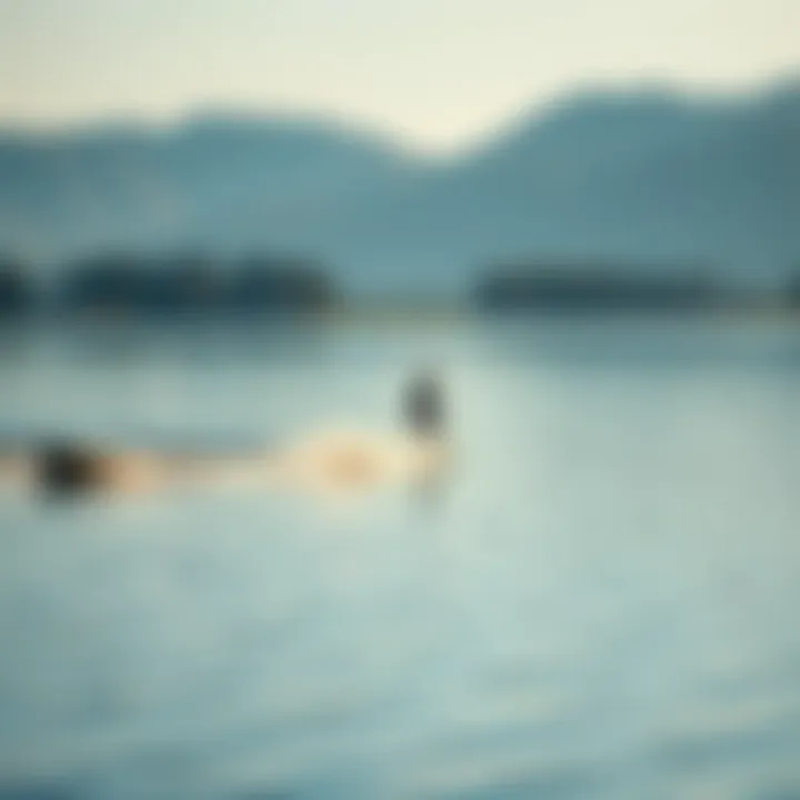 A serene lake with a surfer riding a wake created by a boat, showcasing the beauty of inland surfing.