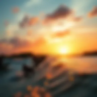 Sunset Surfing on a River Wave A group of surfers enjoying a vibrant sunset while surfing on a river wave, emphasizing the cultural aspect of inland surfing.