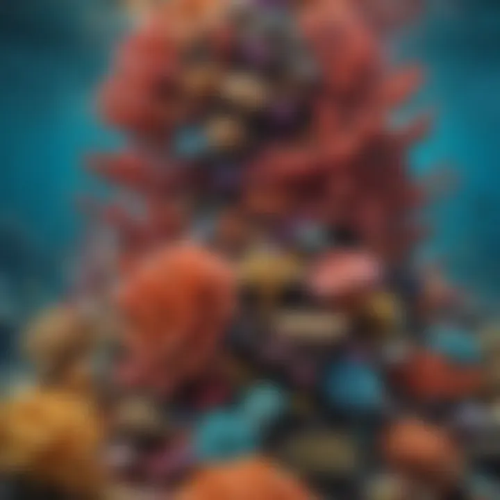 An intricate coral reef teeming with colorful marine life.