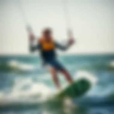 Kite Surfing with Safety in Mind A kite surfer in action, confidently wearing a life jacket while riding the waves.