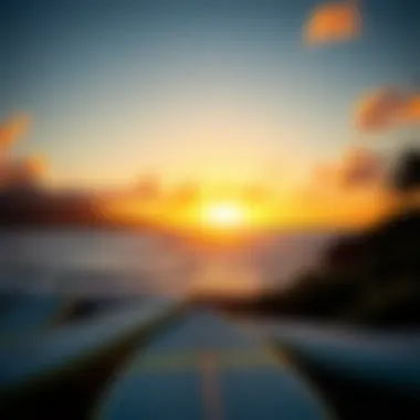 Kona Coastline at Sunset A scenic sunset view over the Kona coastline with surfboards in the foreground