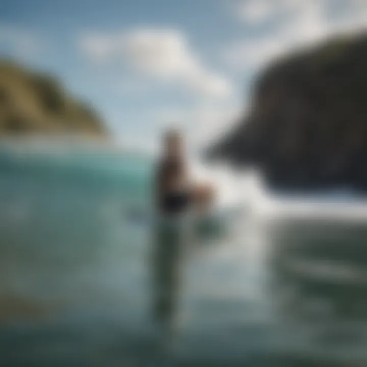 A surfer practicing mindfulness before hitting the waves