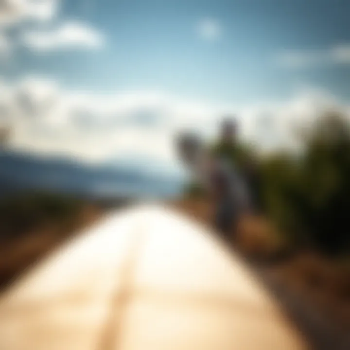 Cyclist with Longboard Surfboard A scenic view of a cyclist transporting a longboard surfboard through a picturesque landscape