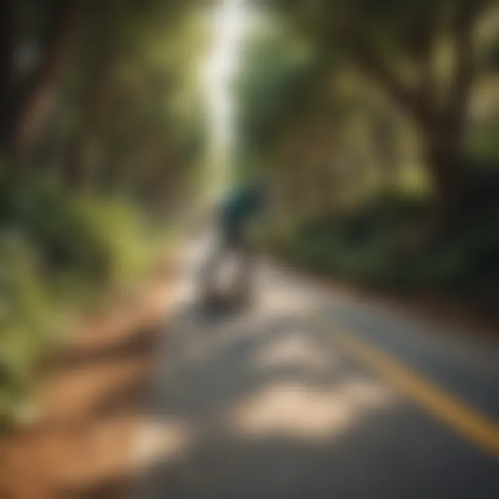 A captivating view of a longboarder carving through a scenic pathway surrounded by trees.