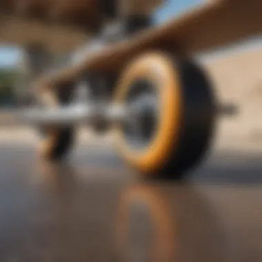 Close-up of longboard wheels and trucks highlighting their intricate design.