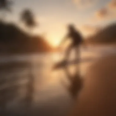 A serene sunset scene with a longboard rider gliding smoothly.