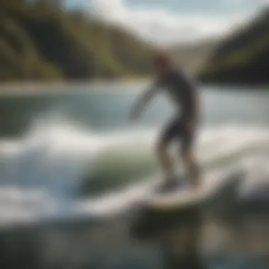 Wakesurf board preparation on the water