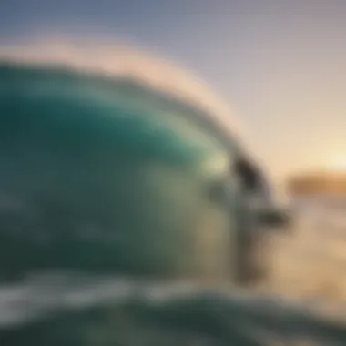 A surfer analyzing wave conditions at sunrise, with surfboards in the foreground