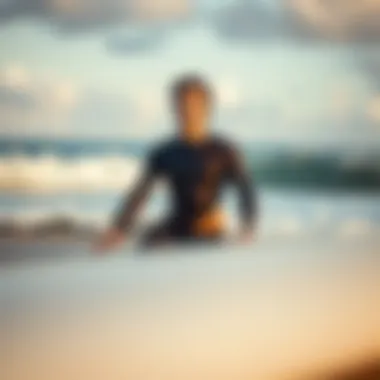 A close-up of a surfer practicing diaphragmatic breathing on the beach, illustrating mindfulness in action