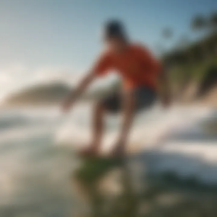 A scenic location with a rider effortlessly gliding on a Mayne longboard along the beach.