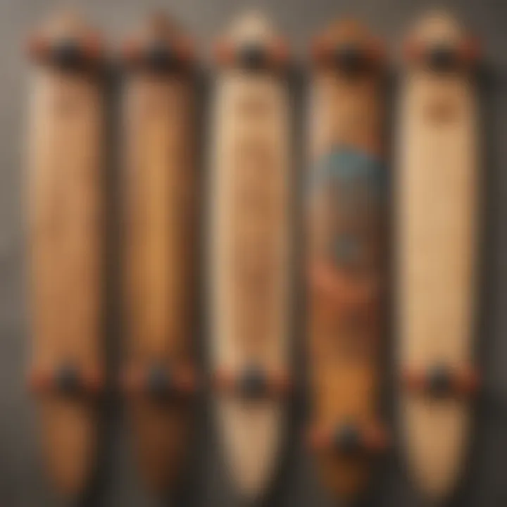 An assortment of Mayne longboards displayed together, highlighting various styles and colors.