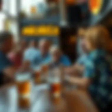 A lively group of surfers enjoying a community event at the establishment