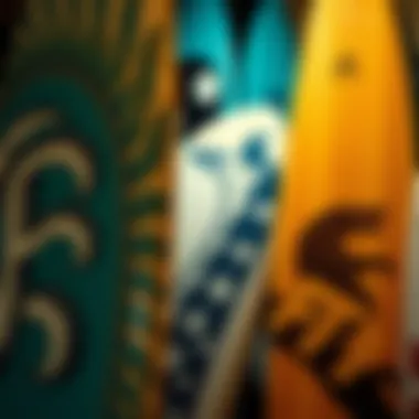 A close-up of surfboards displaying unique designs and artwork