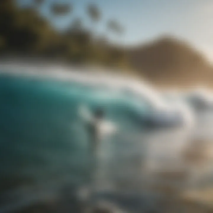 A vibrant beach scene featuring surfers riding waves with Naish equipment.