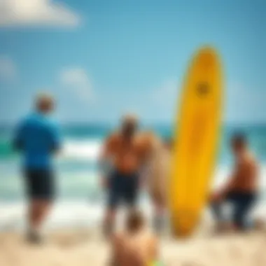Group of surfers discussing their experiences with the Naish Triad surfboard.