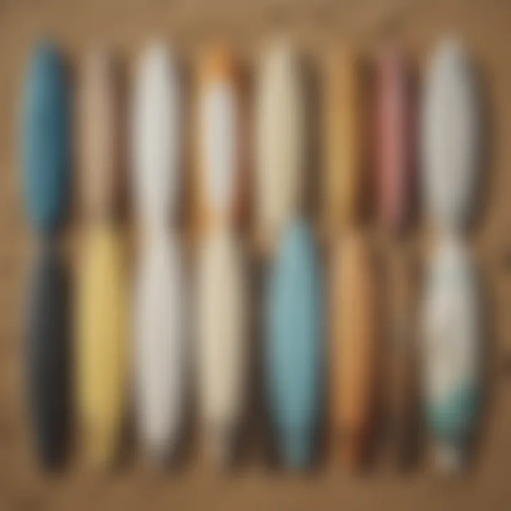 Various types of surfboards arranged on a beach