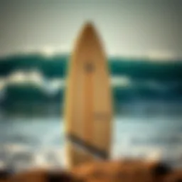 Surfing board against a backdrop of waves