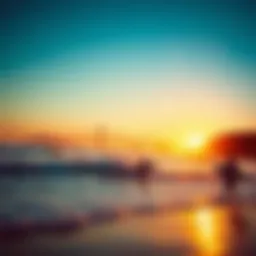 A scenic view of Ocean Beach showcasing surfers riding the waves at sunset