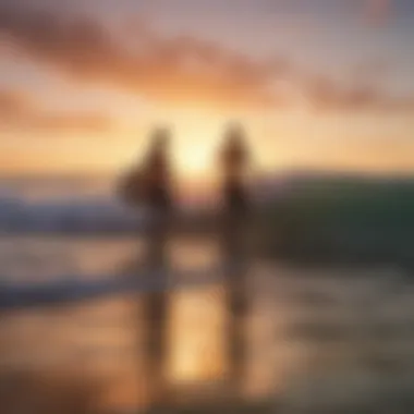 A group of surfers enjoying a sunset session on the beach