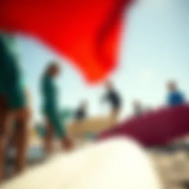 A community surf lesson in a vibrant beach setting