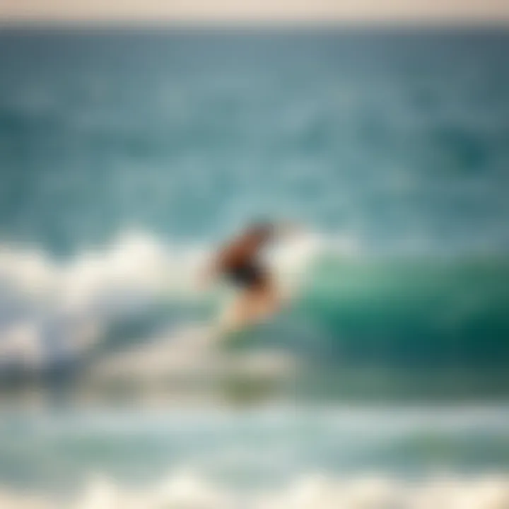 A surfer riding a wave showcasing skill and balance