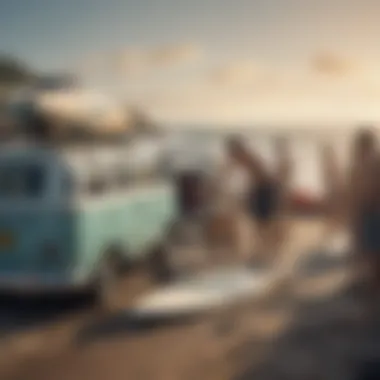 An outdoor scene of surfers loading a car with surfboards