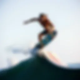 Dynamic surfboarder executing a trick on a quarter pipe ramp