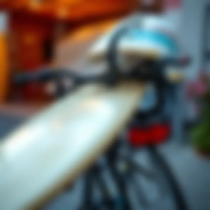 Bike Rack with Longboard Ready for Adventure A close-up of a robust bike rack featuring a longboard surfboard ready for transportation