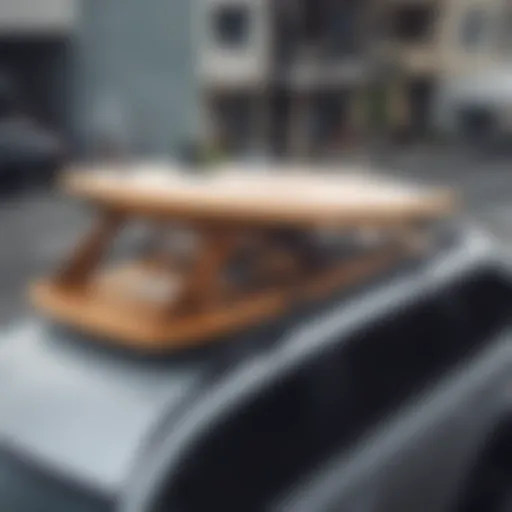 A stylish rooftop surfboard carrier mounted on a sleek car