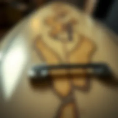 Close-up of the intricate craftsmanship of the Saint Laurent surfboard