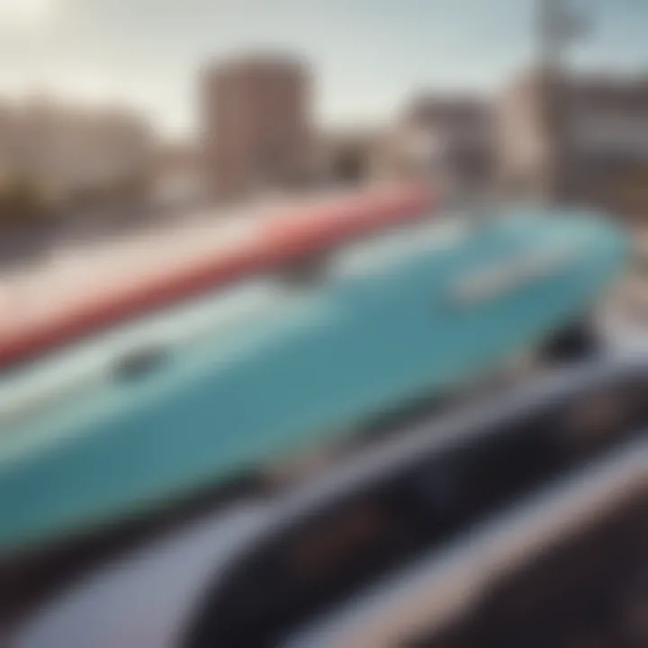 Close-up of surfboards secured in a rooftop carrier