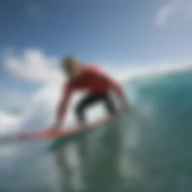 Surfer using Sharkbanz leash in ocean waves, emphasizing safety while surfing